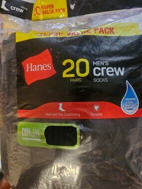 Hanes Super Value Pack 20 Pair Crew Socks Black Wicking Comfort Size 6-12